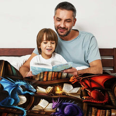 Close-up detail of green and purple dragons reading an illuminated magical book by candlelight.