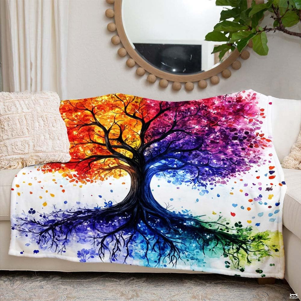Watercolor rainbow tree of life colorful art blanket showing painterly design view 6