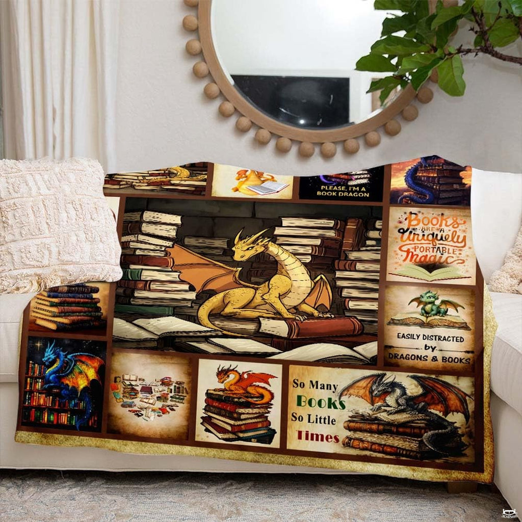 Person holding book dragons collage illustration design blanket
