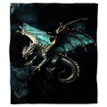 Teal dragon throw blanket displaying an outstretched winged mythical beast perched on dark cavern rocks.