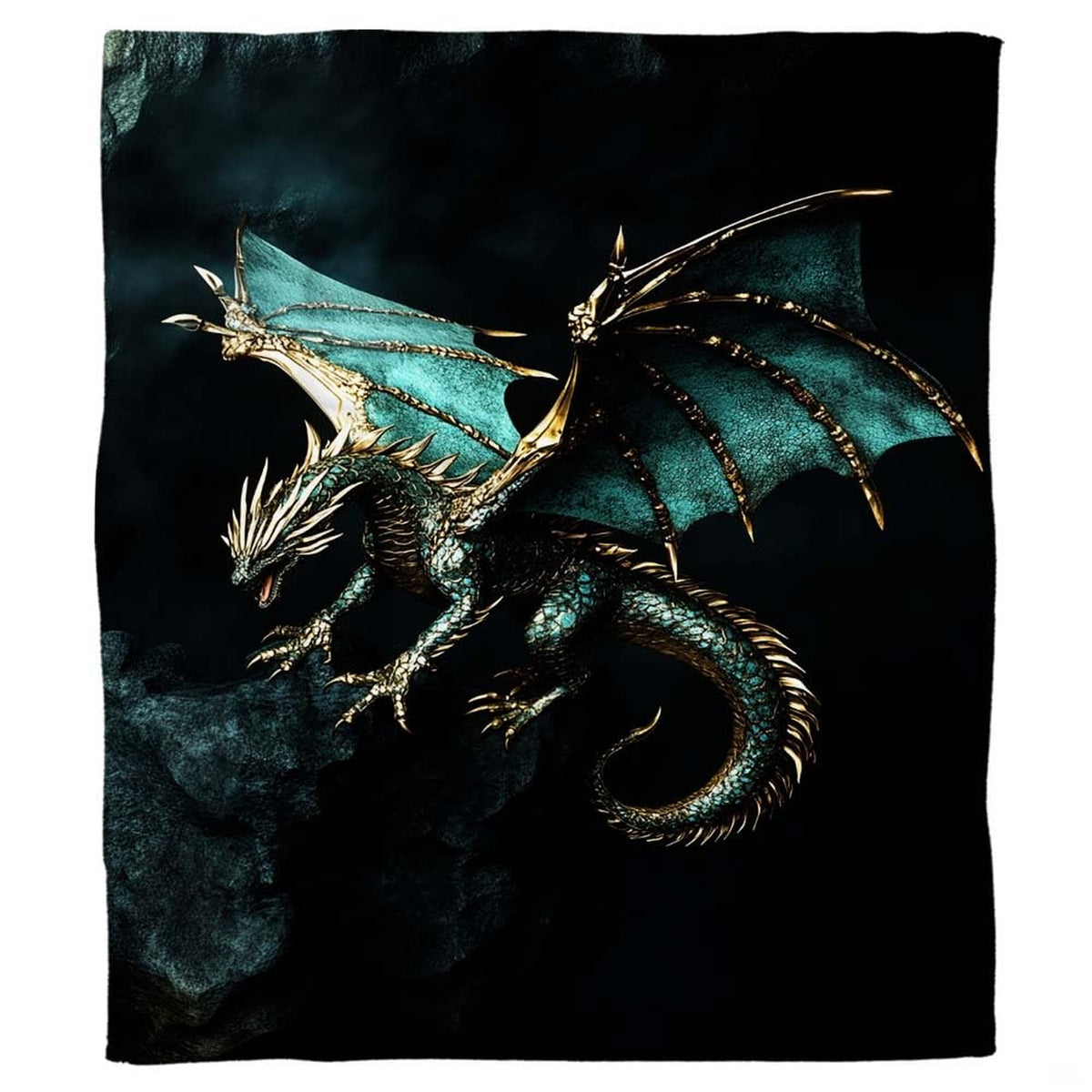 Teal dragon throw blanket displaying an outstretched winged mythical beast perched on dark cavern rocks.