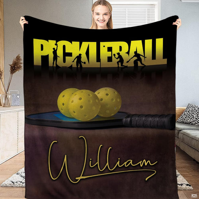 Retro pickleball paddle ball throw blanket view 2 highlighting paddle graphics and sports room decor