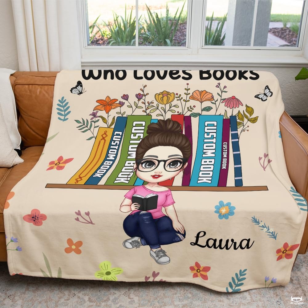 Personalized Girl in Glasses Reading Book Throw Blanket - Book Lover