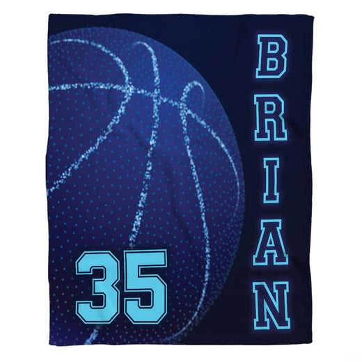 Basketball bed thematic accent bedding set featuring glowing cyan court graphics and varsity numbers in a sports theme...