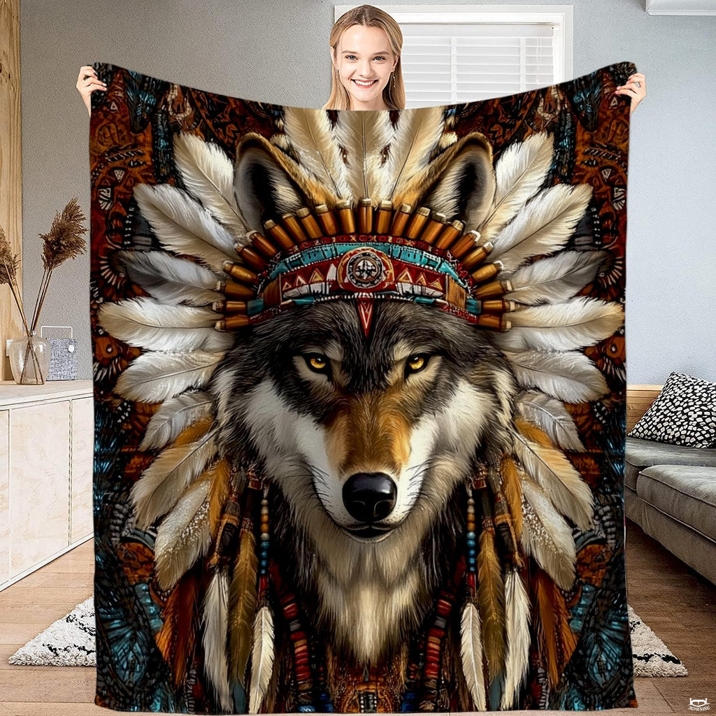 Tribal wolf throw blanket featuring a wolf warrior in a feather headdress with turquoise beadwork.
