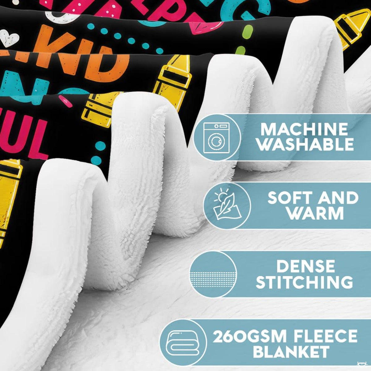 Close-up view of cheerful pastel banners and heart doodles on dark bedding.