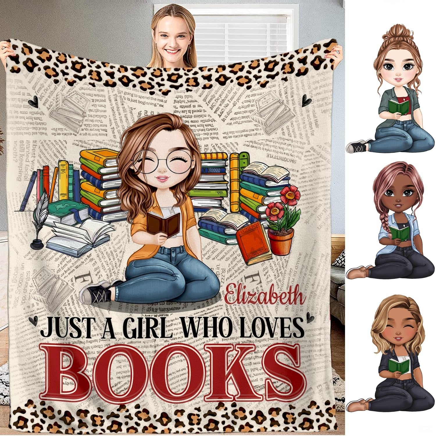 Personalized Girl Glasses Reading on Newspaper Pattern Throw Blanket