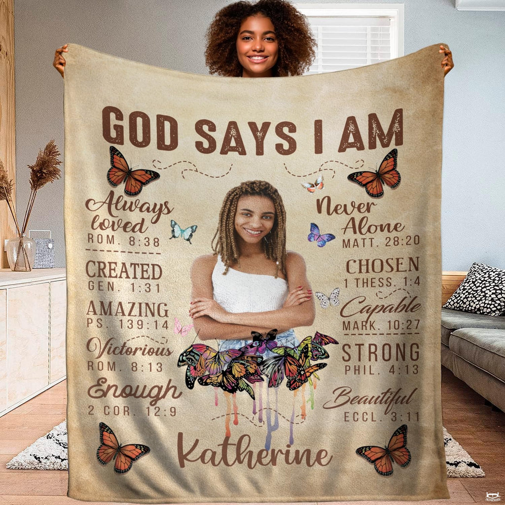 Faith scripture affirmation throw blanket featuring woman portrait, watercolor butterflies, and biblical verses