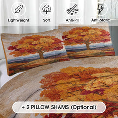 Close-up detail of pumpkin patchwork bedding displaying stylized botanical leaves and rich terracotta graphic print.