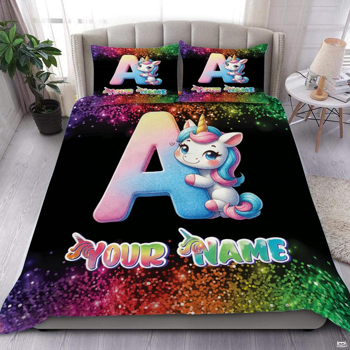 Magical unicorn sunflower floral wreath bedding set displayed neatly on a bed in a whimsical bedroom