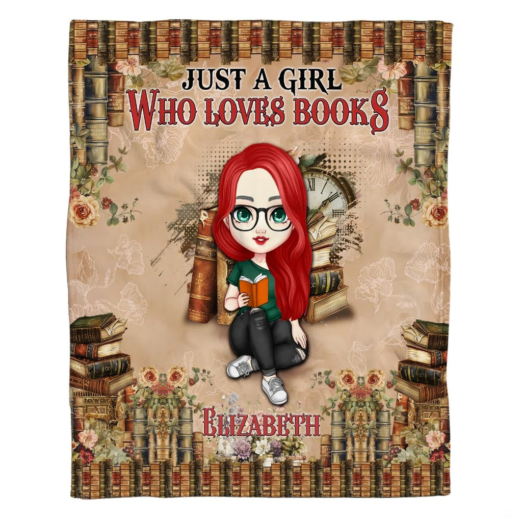 Cartoon red-haired girl with glasses reading among vintage book borders, view 8.