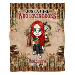 Cartoon red-haired girl with glasses reading among vintage book borders, view 8.