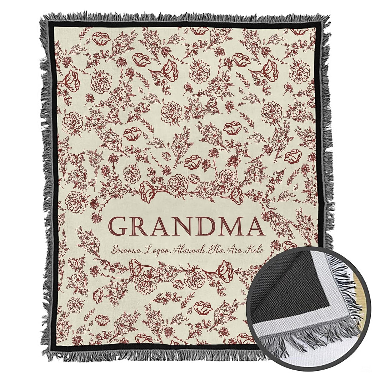 Close-up perspective of burgundy garden rose illustrations and fine line art on Blanket.