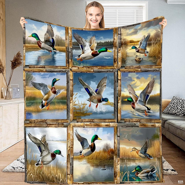 Mallard duck grid collage rustic wood throw blanket displaying nine timber-framed panels of waterfowl in flight