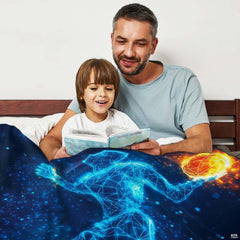 Luminous basketball artwork with floating sparks and fiery orange glow decorating a modern bedroom setup.