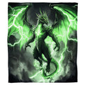 Green lightning dragon throw blanket displaying an upright warrior beast surrounded by crackling electric bolts.