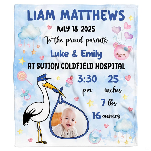 Frontal view of blue watercolor stork nursery delivery milestone blanket with baby bundle sack and clouds.