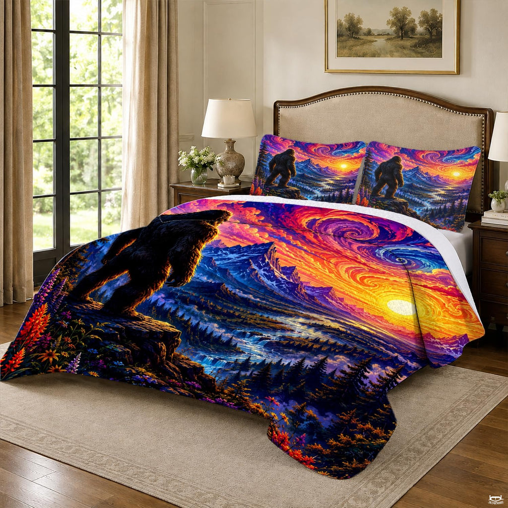 Close-up of swirling violet and gold sunset clouds over snow-capped mountains on an alpine bedding set