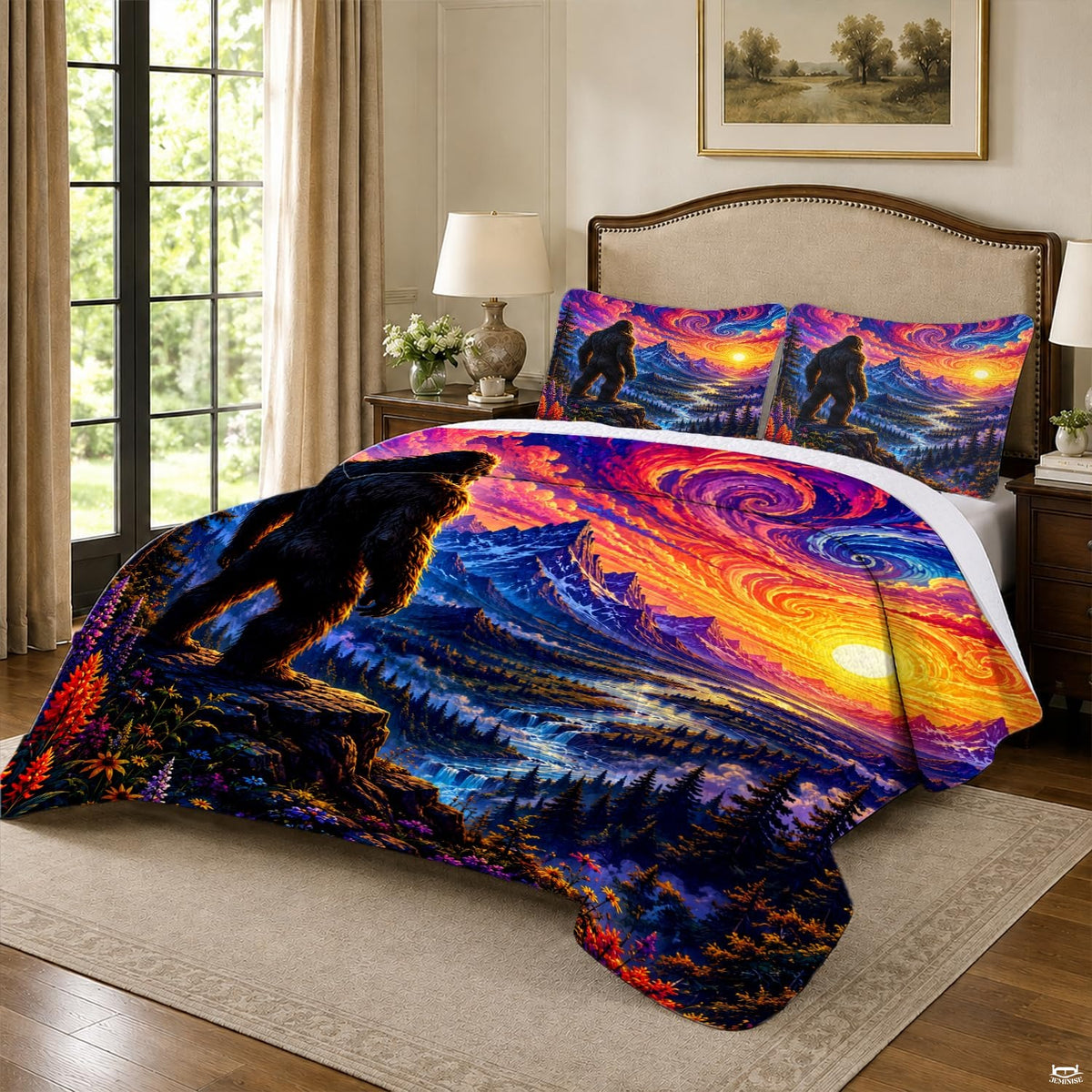 Close-up of swirling violet and gold sunset clouds over snow-capped mountains on an alpine bedding set