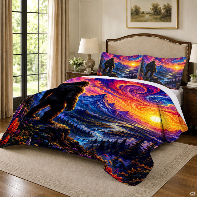 Close-up of swirling violet and gold sunset clouds over snow-capped mountains on an alpine bedding set
