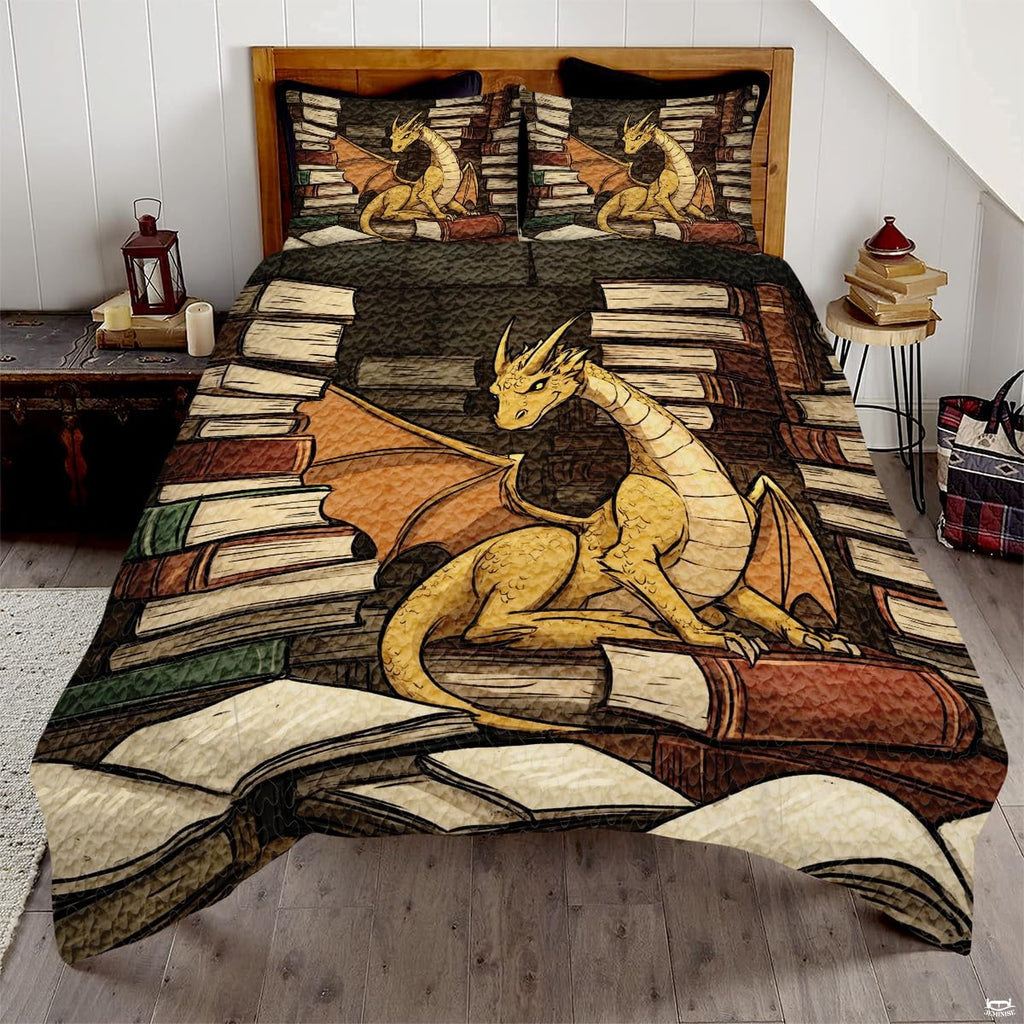 Golden illustrated dragon sitting among stacked and open books