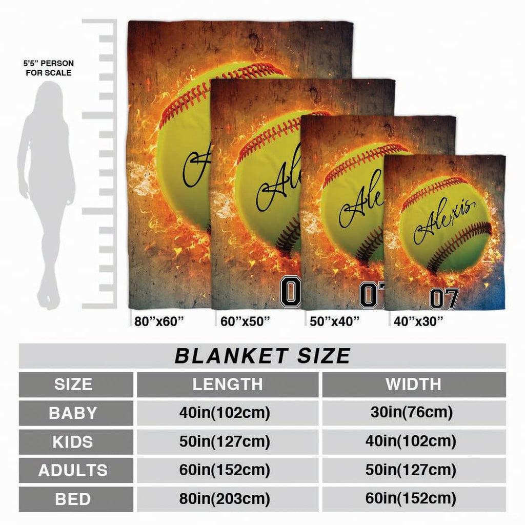 Size guide display showing multiple dimension choices for the flaming softball blanket
