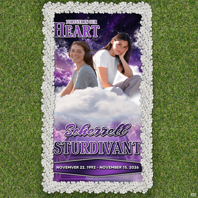 Full display of the purple celestial memorial portrait tribute throw blanket showing the galaxy scene