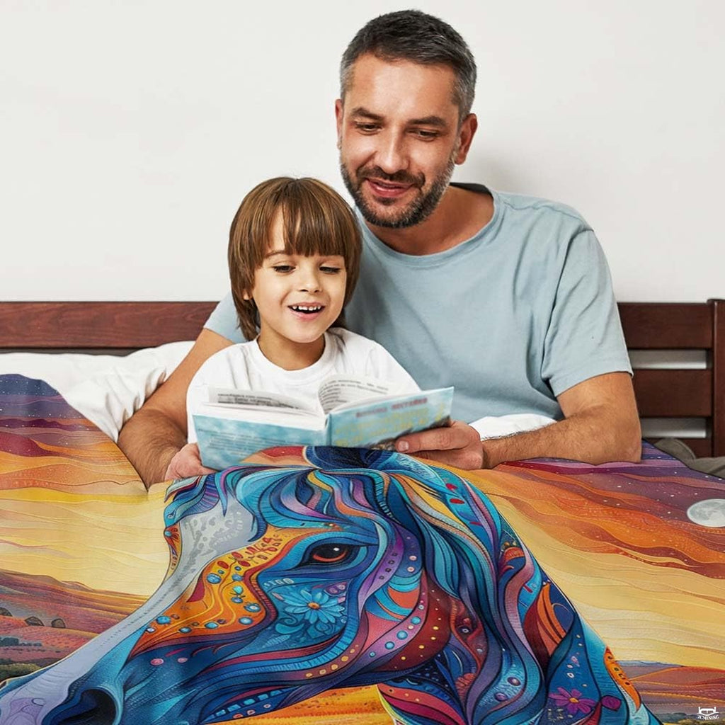 Folded corner presentation of psychedelic horse sunflower blanket showing rich colors