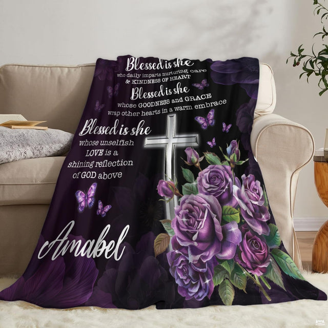 Custom Purple Floral Christian Cross Blanket, Machine Washable