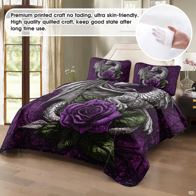 Purple dragon and rose design shown in a bright bedroom setting