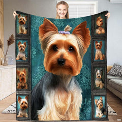 Yorkshire Terrier throw blanket featuring a topknot bow dog portrait on teal damask flanked by framed puppy pictures