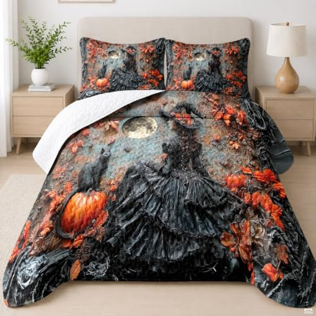 Angled bedroom view displaying gothic witch, harvest moon, black cat, and autumn foliage printed bedding.
