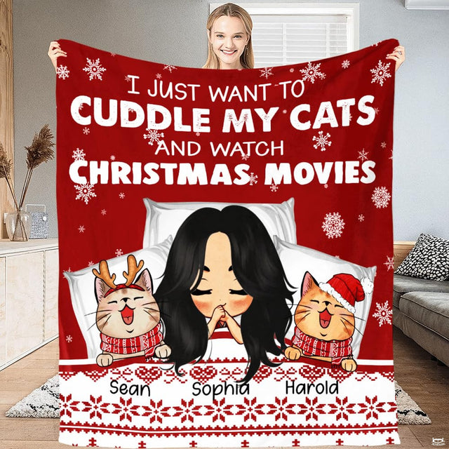 Christmas movie cats holiday throw blanket displaying smiling cats in Santa hats and Fair Isle border