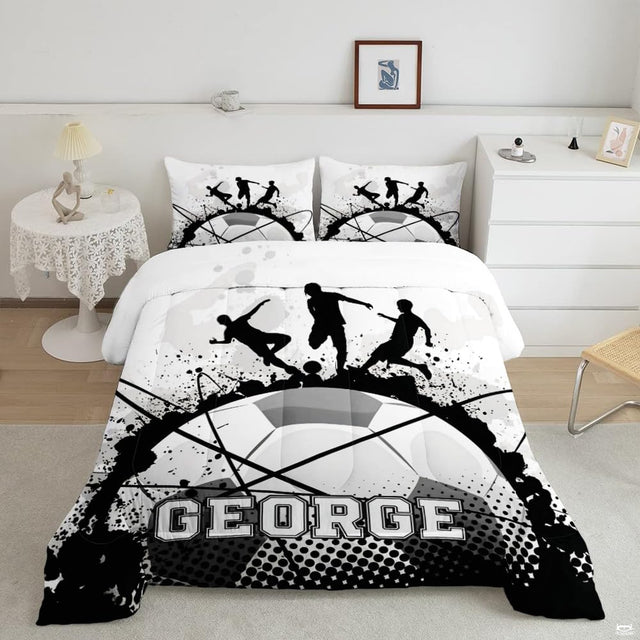 Classic black and white soccer cleats field bedding set displayed neatly on a bed in a sporty room