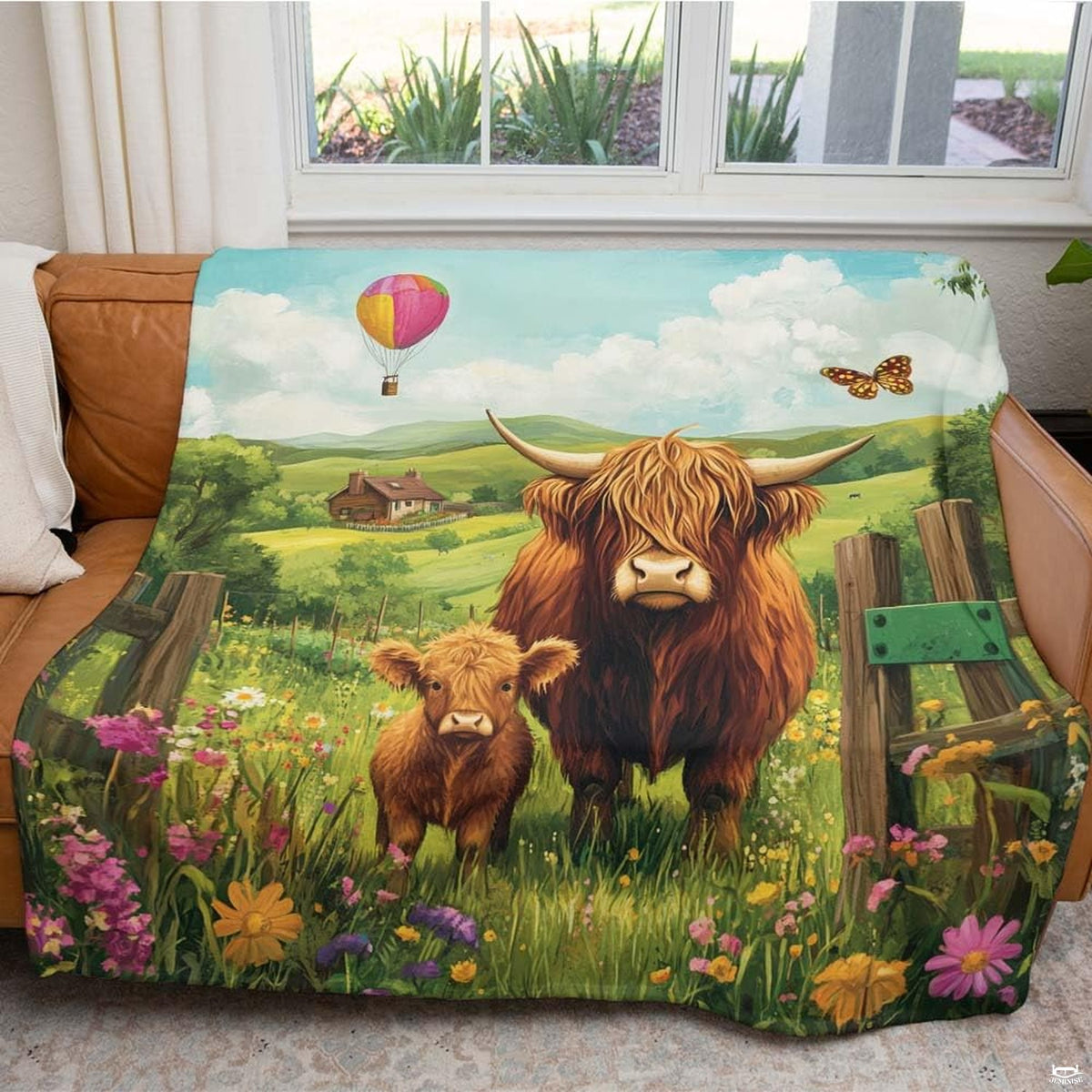 Pastoral painting of Highland cow and calf in wildflower field with hot air balloon, view 4.