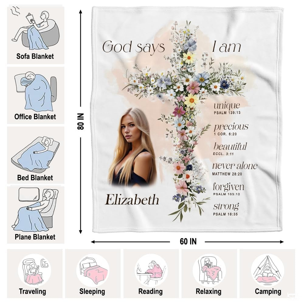 Overview diagram showing floral cross scripture affirmations blanket dimensions and versatile uses.