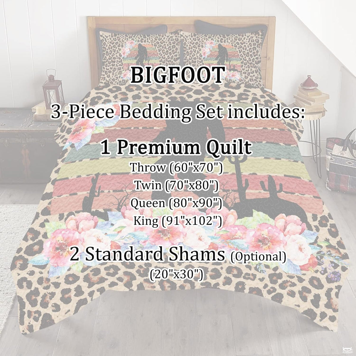 Full bedroom display of cheetah print Sasquatch bedding styled with modern eclectic room decor accents