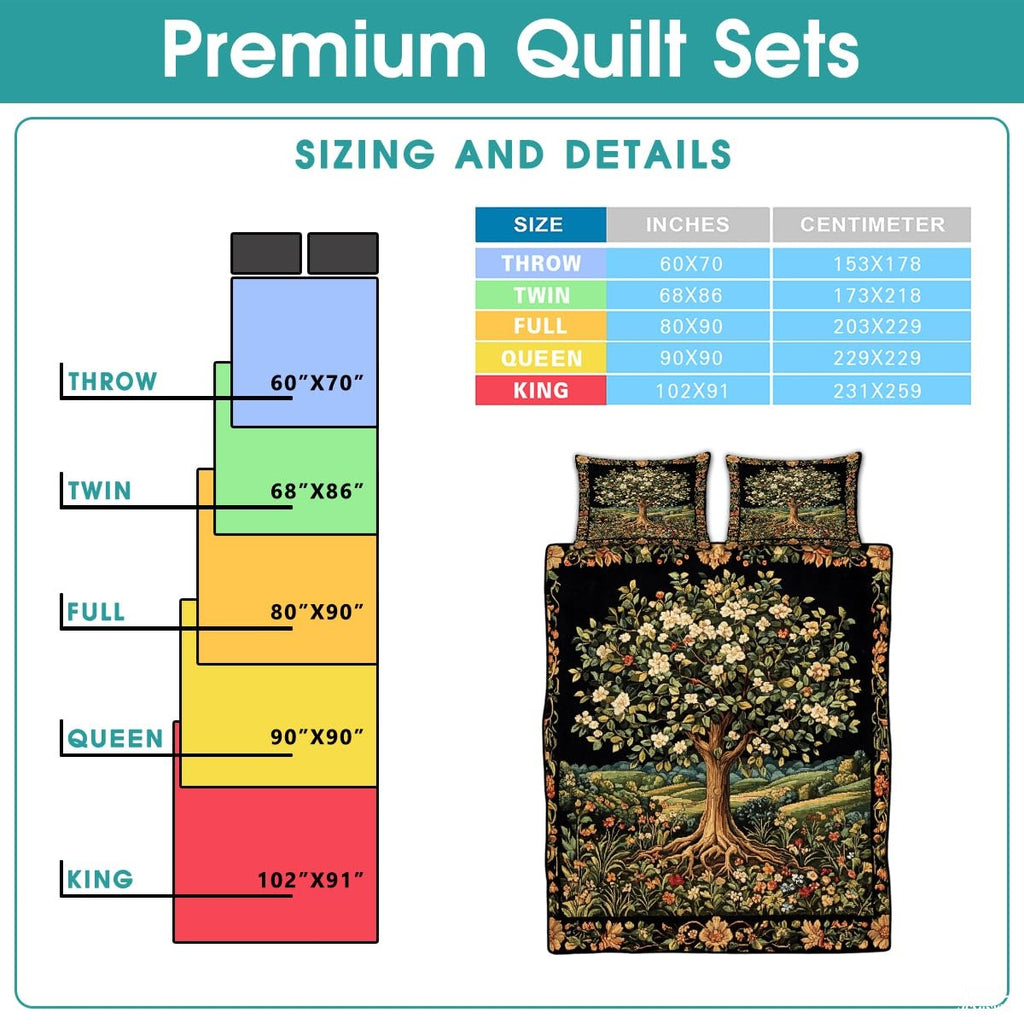 Nature Tree of Life Quilt Set with Blooming Tree and Bedroom And Exposed Roots