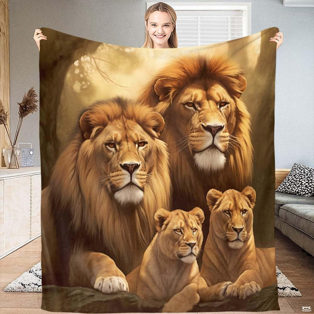 Lion pride sheets bedding set featuring majestic male lions and pride resting in a golden woodland forest.