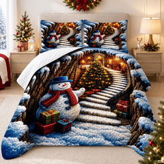Festive bedding set displaying a smiling snowman in a blue hat and red scarf next to gift boxes on snowy stairs.