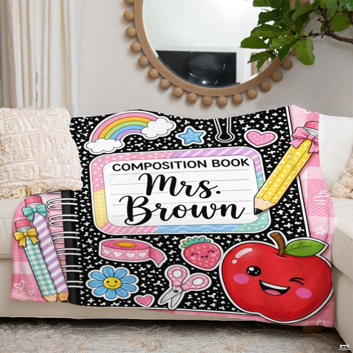 Pink gingham patterned bedding set adorned with smiling apples, pastel pencils, and delicate decorative elements.