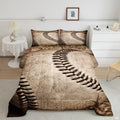 Neutral beige baseball helmet graphic bedding set displayed neatly on a bed in a modern youth bedroom