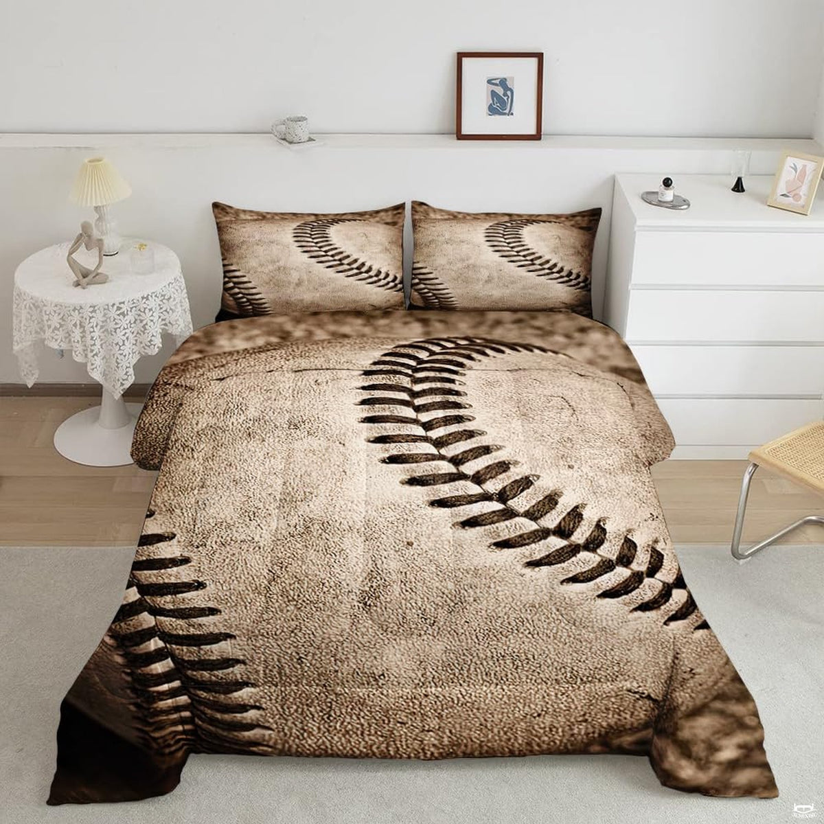 Neutral beige baseball helmet graphic bedding set displayed neatly on a bed in a modern youth bedroom