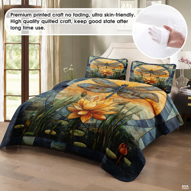 Dragonfly Patchwork Pattern Quilt Set, Animal Style, Dragonfly Quilt Set Bedspread, Custom Patchwork Pattern Quilt Bedset, Cotton Bedding for Bedroom Girl Room