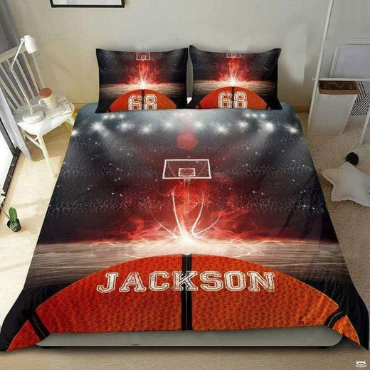 Basketball bed cover bedding set featuring an oversized basketball and illuminated backboard motif.