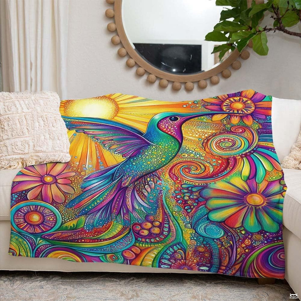 Overhead angle capturing the thematic accent panoramic composition of the celestial sun and psychedelic hummingbird art.