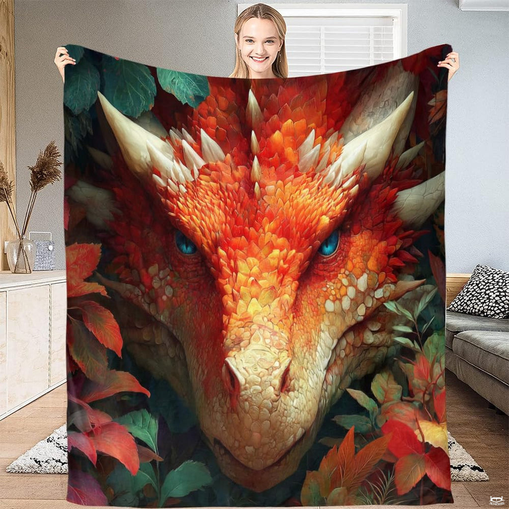Red dragon blue eyes autumn foliage throw blanket featuring frontal portrait of horned crimson dragon