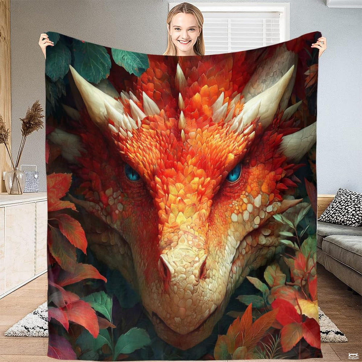 Red dragon blue eyes autumn foliage throw blanket featuring frontal portrait of horned crimson dragon