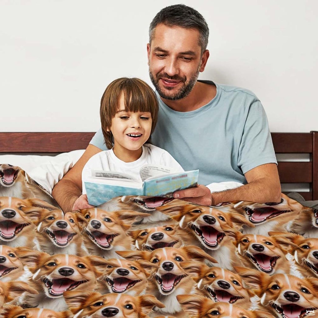 Close-up view of cheerful floppy-eared dog portraits in tan, golden brown, and white tones across bedding.