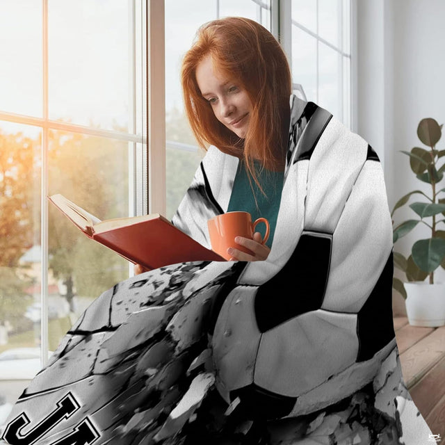 Monochrome 3D soccer ball sports throw blanket view 2 detailing stone shards and grayscale shading